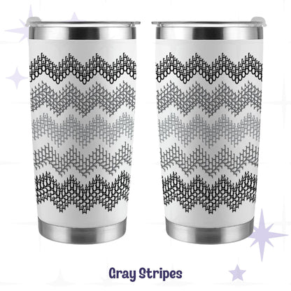 Hidden profanity tumbler gray stripes in black and gray gradient front and back view on white stainless steel body