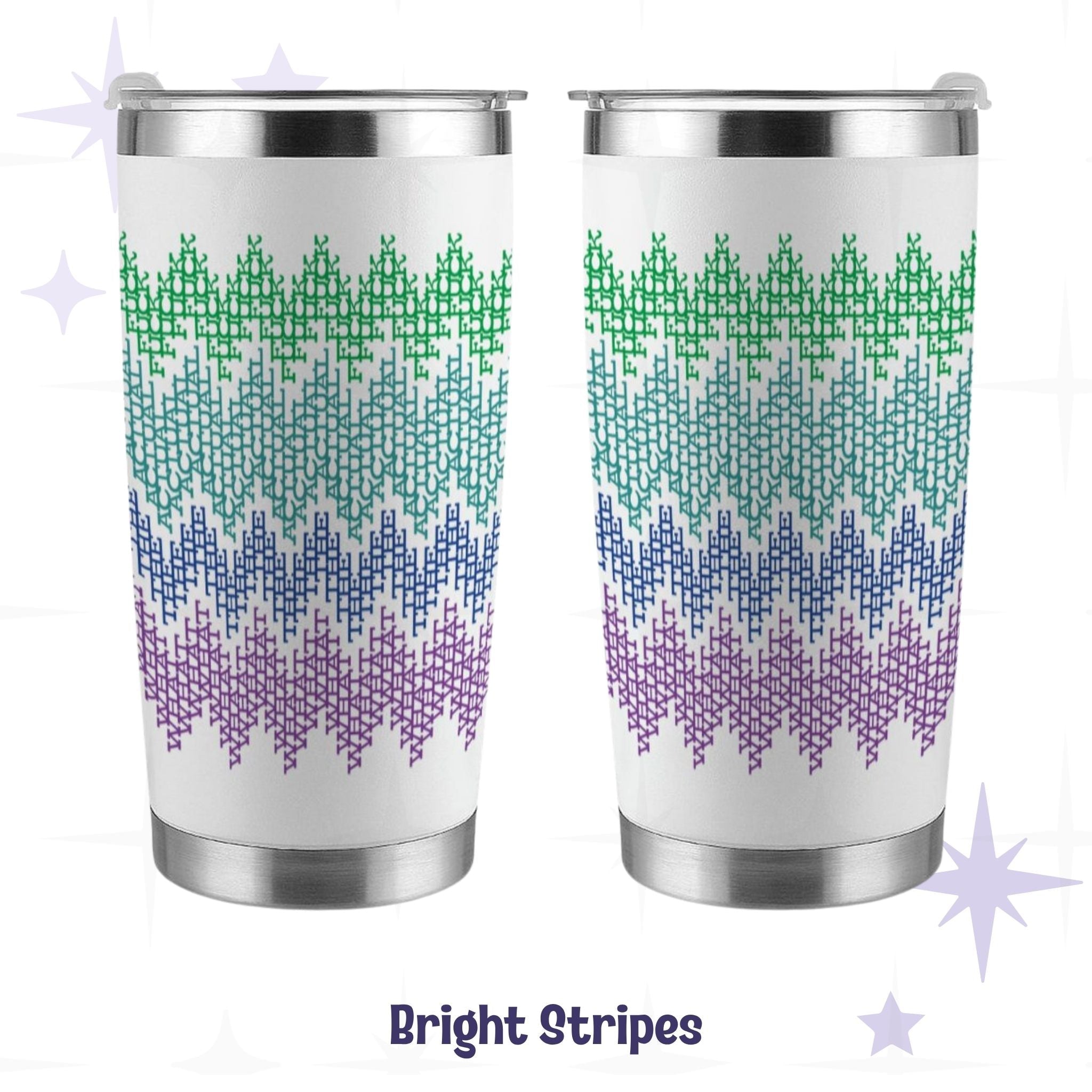 Bright stripes hidden message tumbler front and back views showing green teal blue purple gradient cross-stitch pattern on 20oz stainless steel