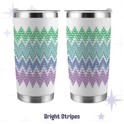 Bright stripes hidden message tumbler front and back views showing green teal blue purple gradient cross-stitch pattern on 20oz stainless steel