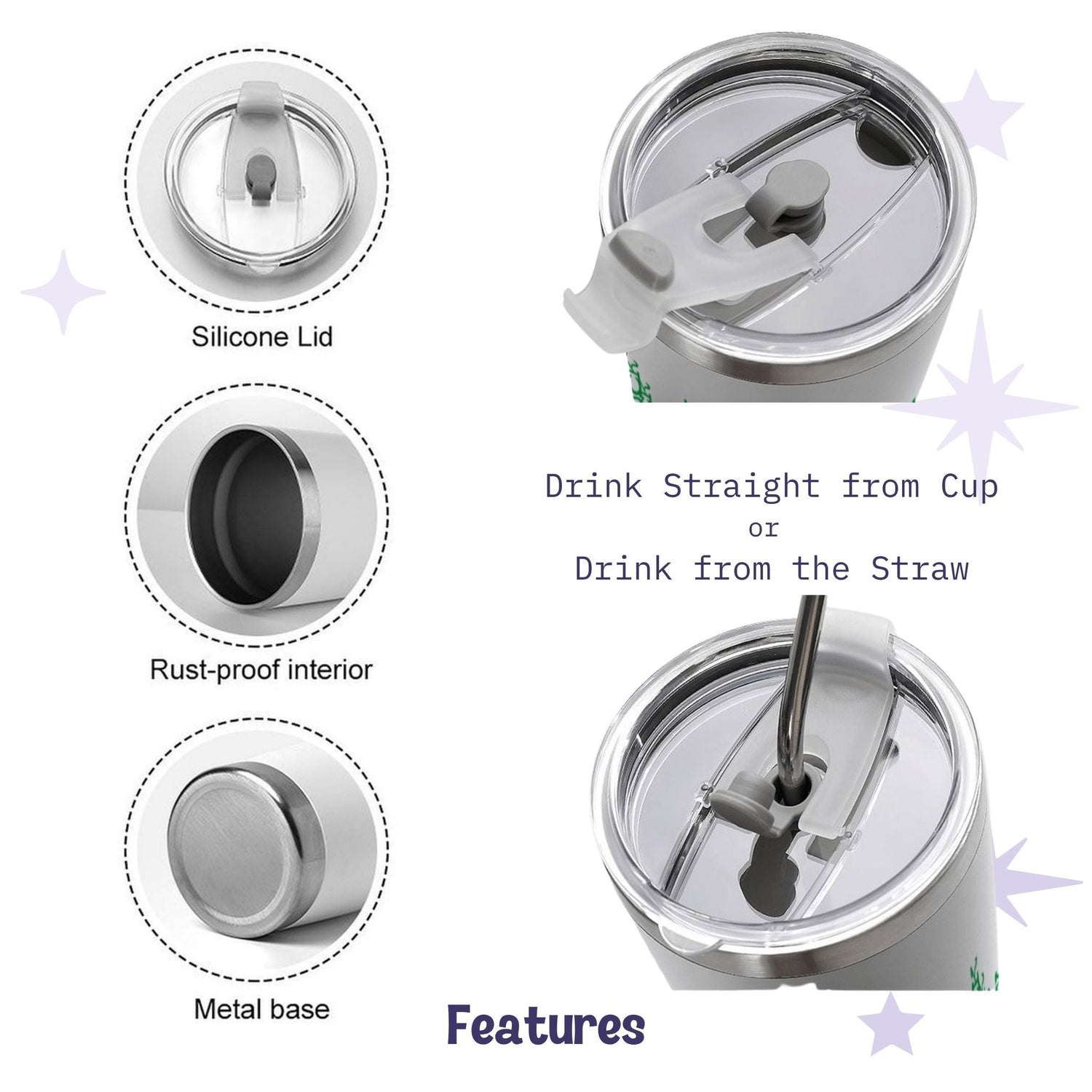 Product features detail for hidden profanity tumbler showing silicone lid, rust-proof interior, metal base, and dual sip or straw drinking options