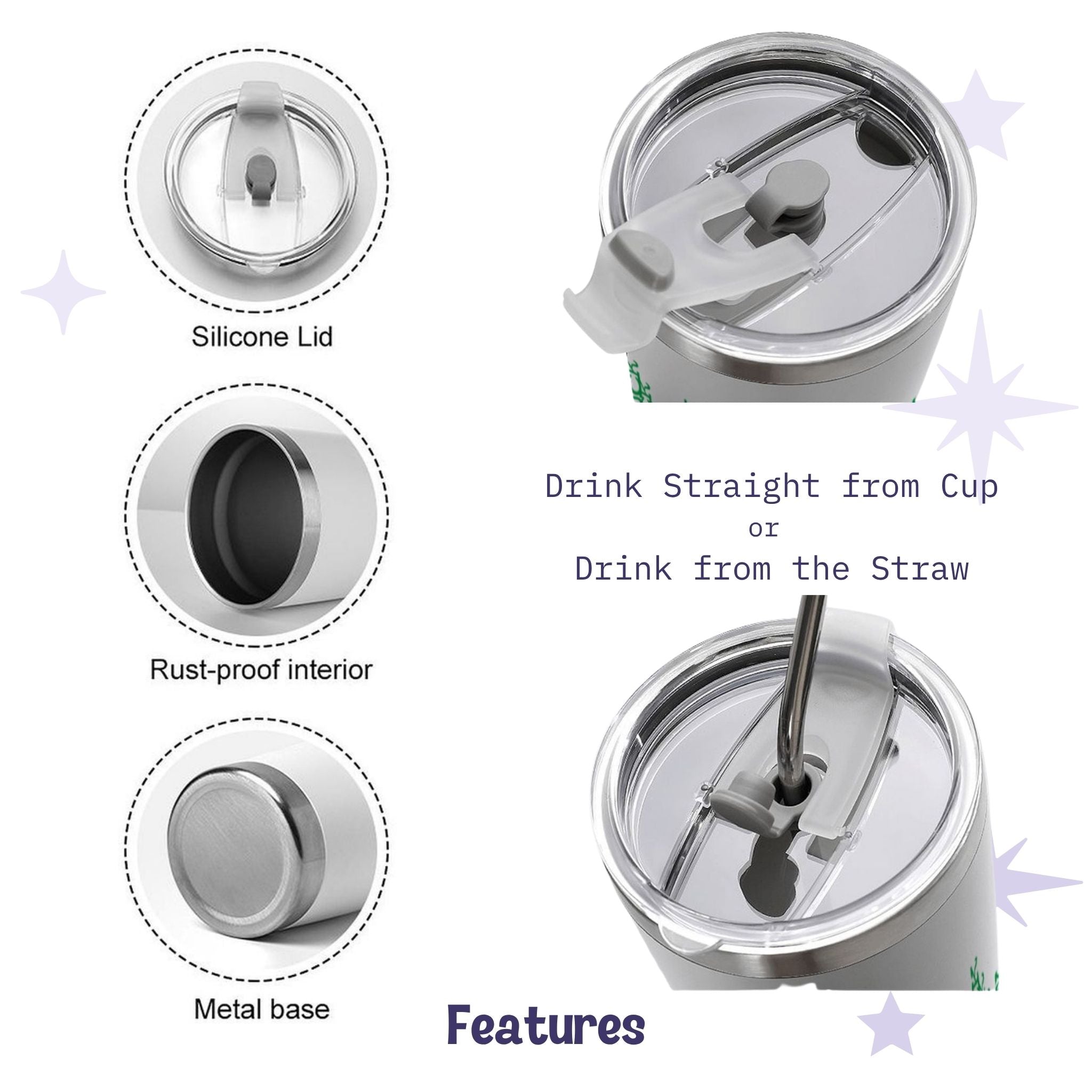 Product features detail for hidden profanity tumbler showing silicone lid, rust-proof interior, metal base, and dual sip or straw drinking options