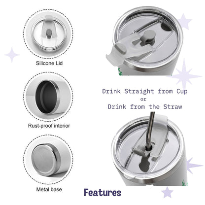 Product features detail for hidden profanity tumbler showing silicone lid, rust-proof interior, metal base, and dual sip or straw drinking options
