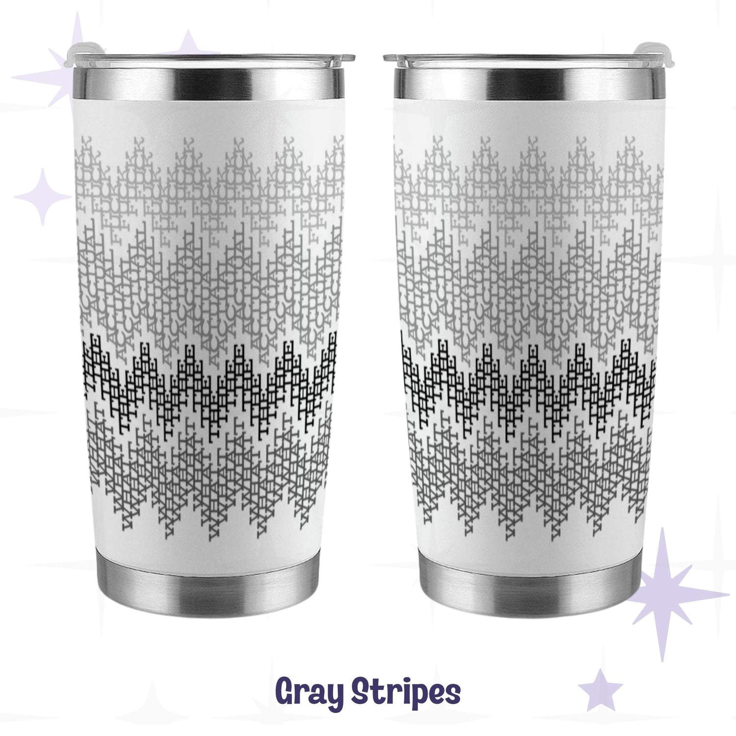 Gray stripes hidden profanity tumbler front and back views with monochrome chevron swear word pattern on white stainless steel