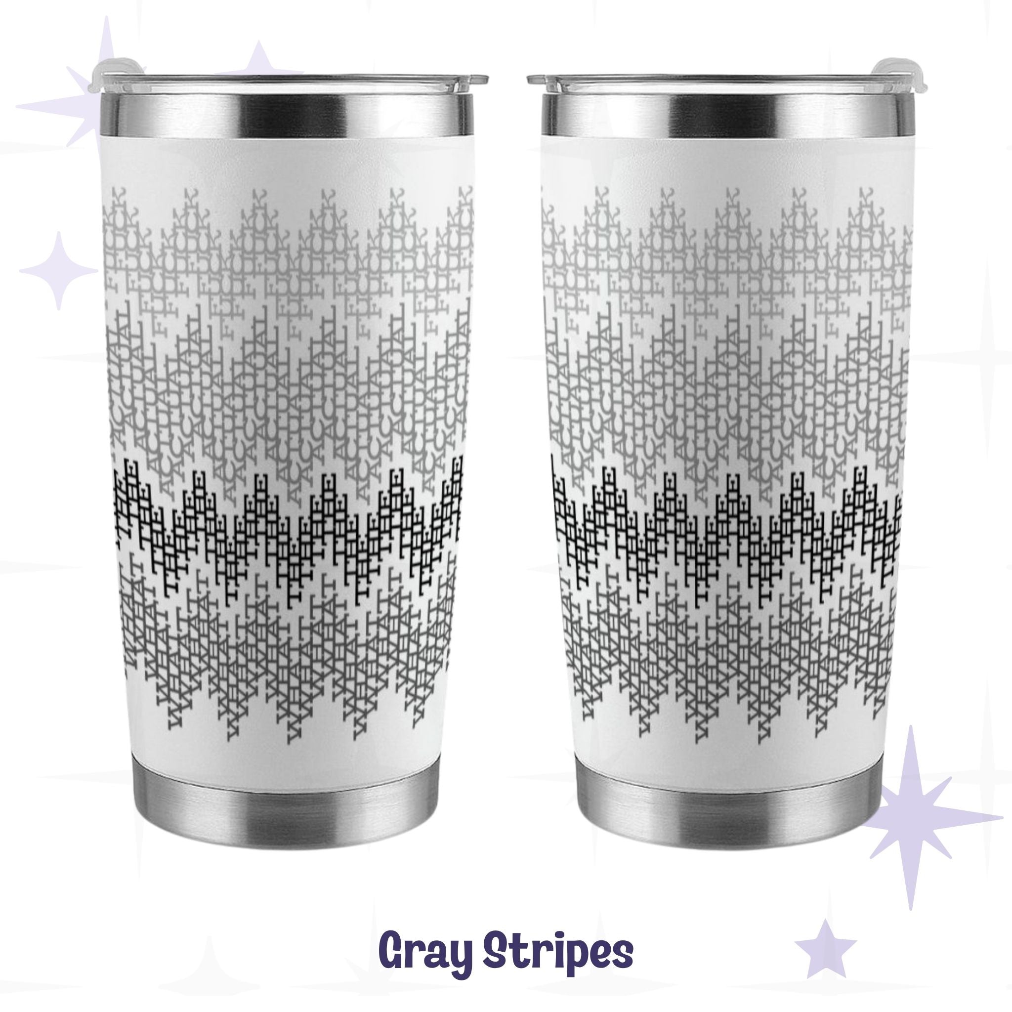 Gray stripes hidden profanity tumbler front and back views with monochrome chevron swear word pattern on white stainless steel