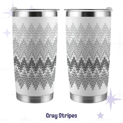 Gray stripes hidden profanity tumbler front and back views with monochrome chevron swear word pattern on white stainless steel