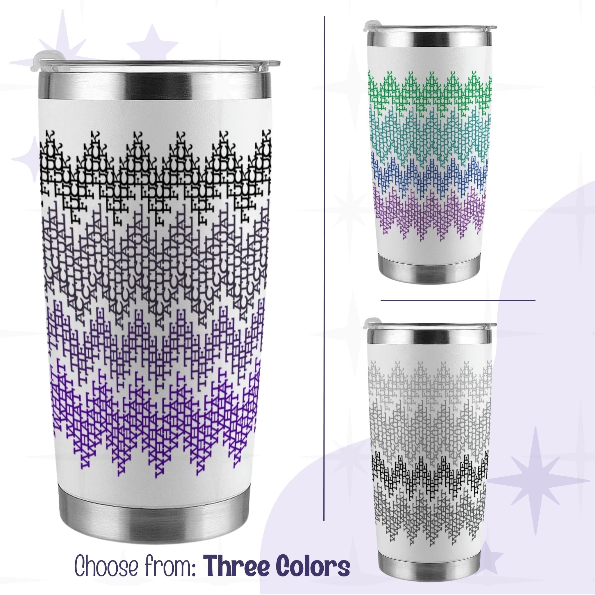 Hidden profanity tumbler in three colorways showing purple ombre, bright stripes, and gray stripes variants with fair isle swear word pattern wrapping 360 degrees on white 20oz stainless steel
