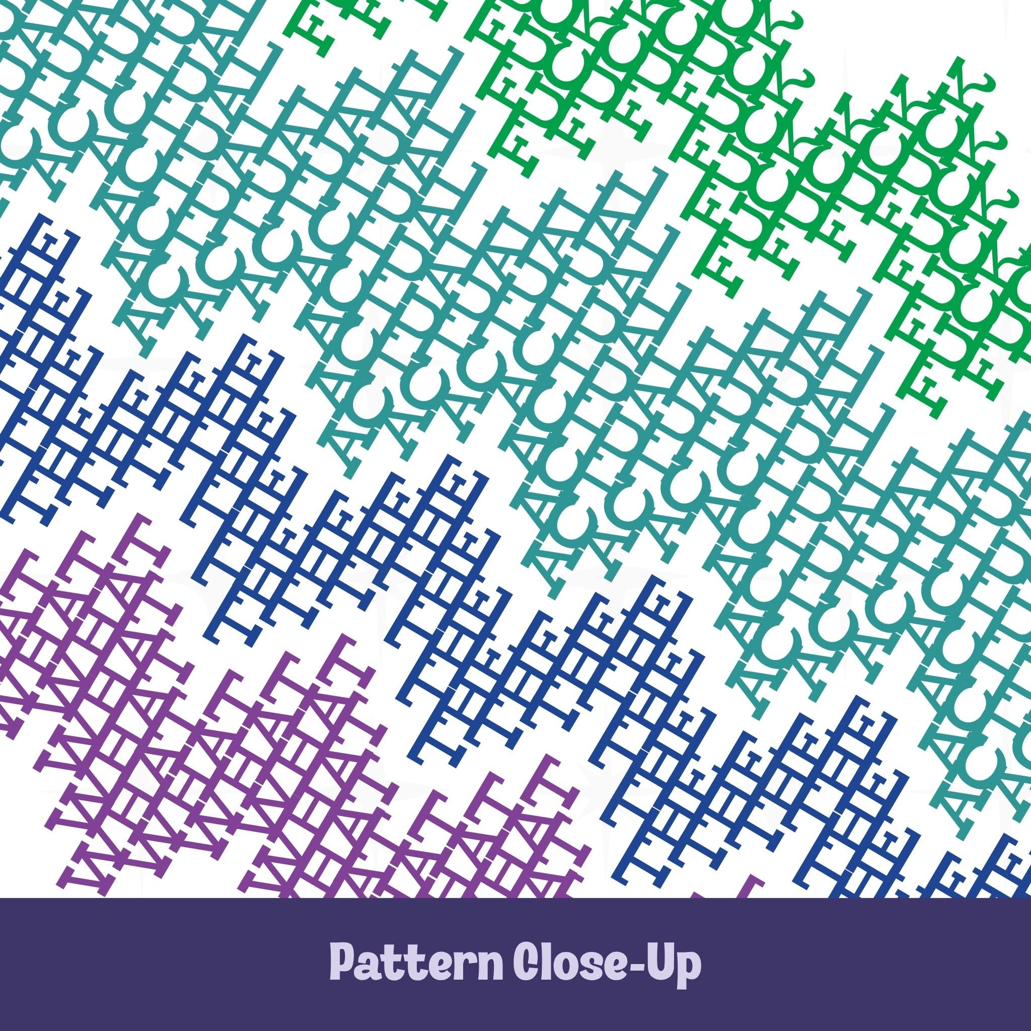 Close-up of hidden swear word tumbler pattern in bright stripes colorway with green teal blue and purple gradient cross-stitch text