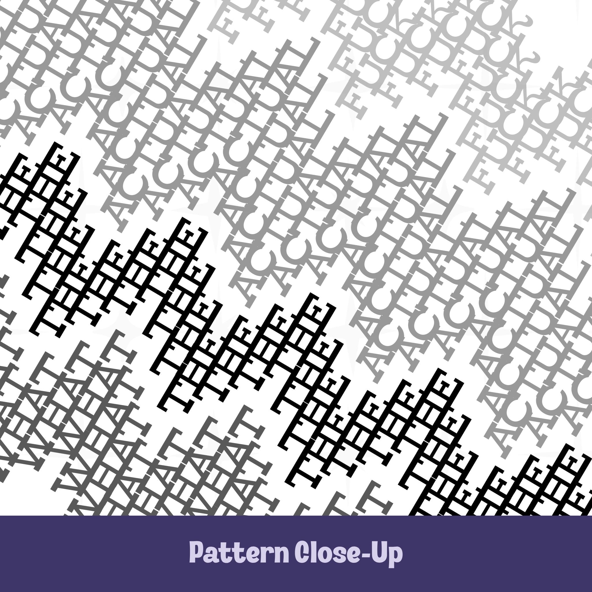 Close-up of hidden message tumbler pattern in gray stripes colorway with light gray and charcoal cross-stitch text on white