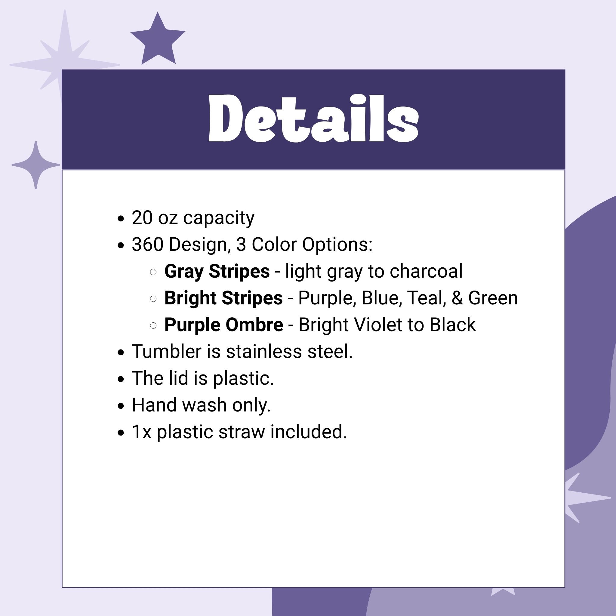 Product details card for hidden profanity tumbler showing 20oz capacity, 360 design in 3 color options, stainless steel, plastic lid, hand wash only, 1 plastic straw included