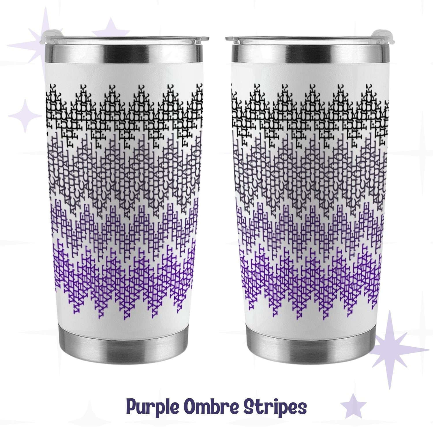 Hidden profanity tumbler in purple ombre colorway showing front and back views of 360-degree fair isle swear word wrap on stainless steel