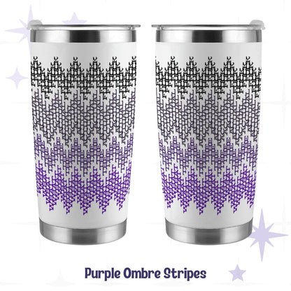 Hidden profanity tumbler in purple ombre colorway showing front and back views of 360-degree fair isle swear word wrap on stainless steel