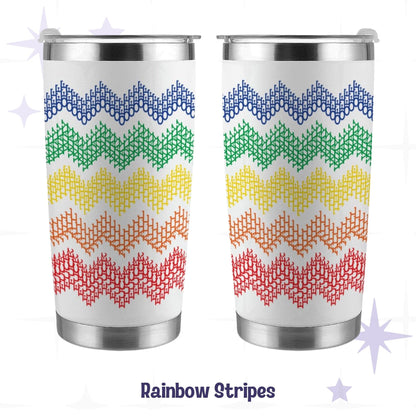 Hidden profanity tumbler rainbow stripes colorway front and back view showing full 360 degree cross stitch chevron wrap