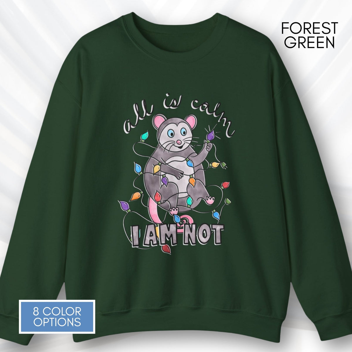 holiday-chaos-unisex-crewneck-christmas-possum-sweatshirt-funny-mom-apparel-forest-green