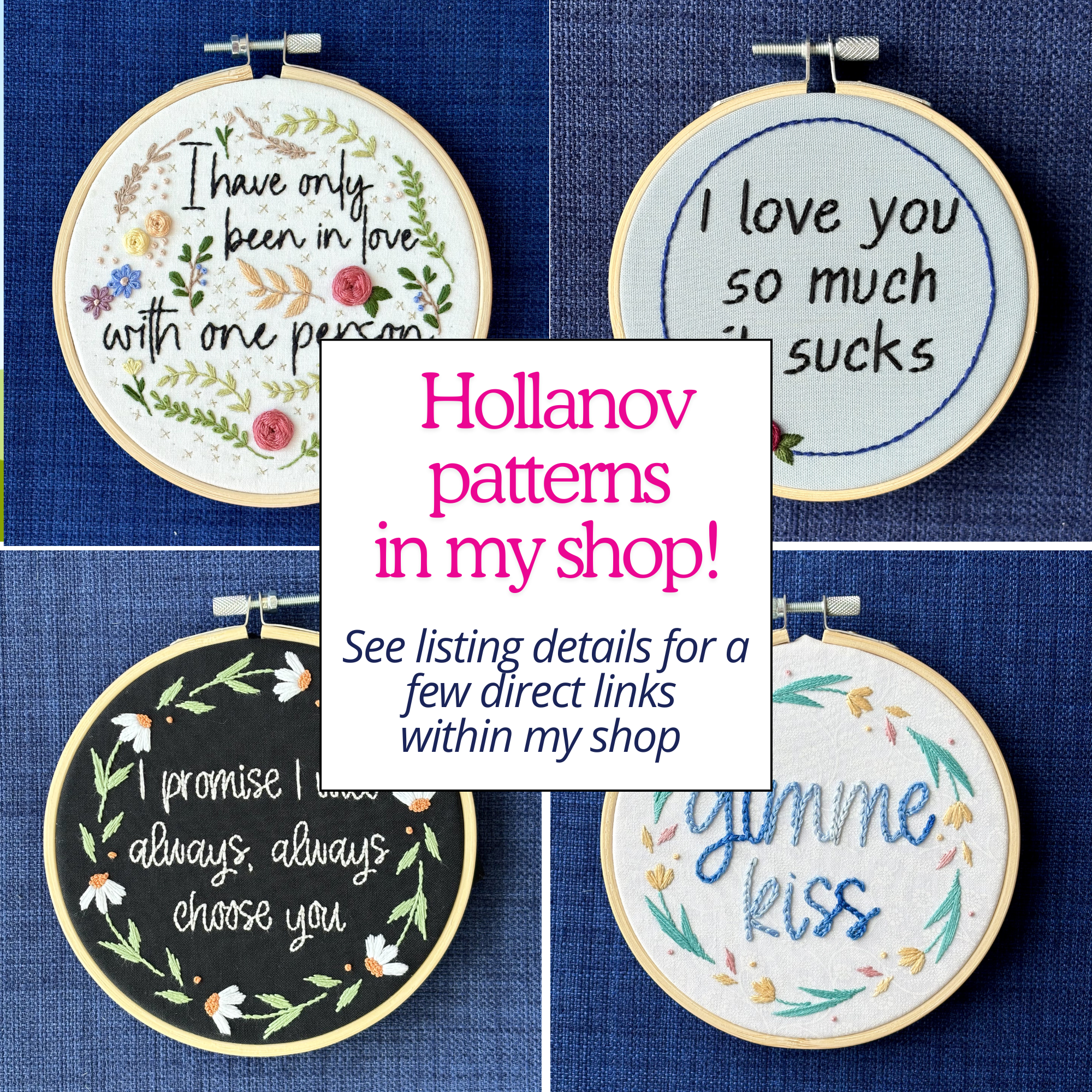Hollanov patterns in my shop! See listing details for a few direct links within my shop. Pictured are four completed embroidery hoops with Heated Rivalry or The Long Game quotes. I have only been in love with one person. I love you so much it sucks. I promise I will always, always choose you. gimme kiss. Displayed as wall art.