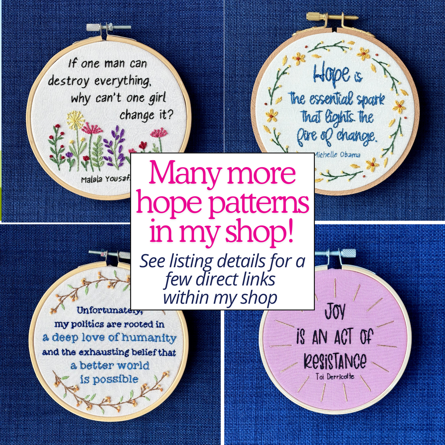 Many more hope patterns in my shop! See listing details for a few direct links within my shop. Pictured are 4 completed embroidery hoops with hope quotes. If one man can destroy everything, why can&