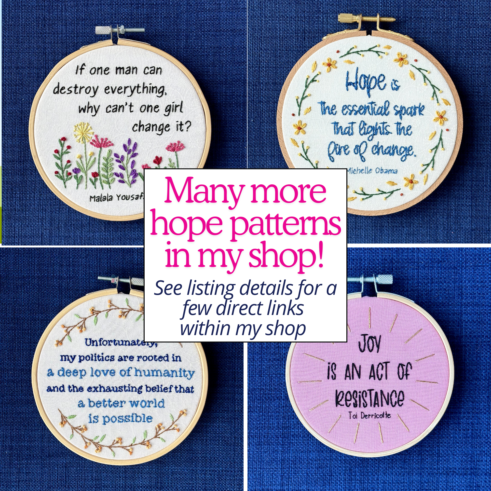 Many more hope patterns in my shop! See listing details for a few direct links within my shop. Pictured are 4 completed embroidery hoops with hope quotes. If one man can destroy everything, why can&