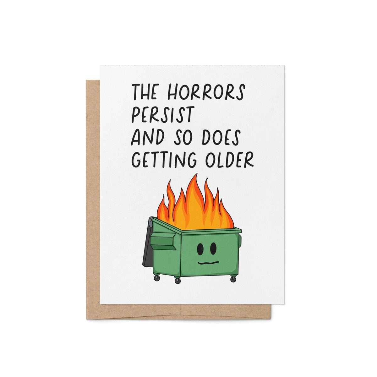 Horrors Persist birthday card flat lay — sarcastic funny birthday card for a best friend by indie artist MangoIllustrated