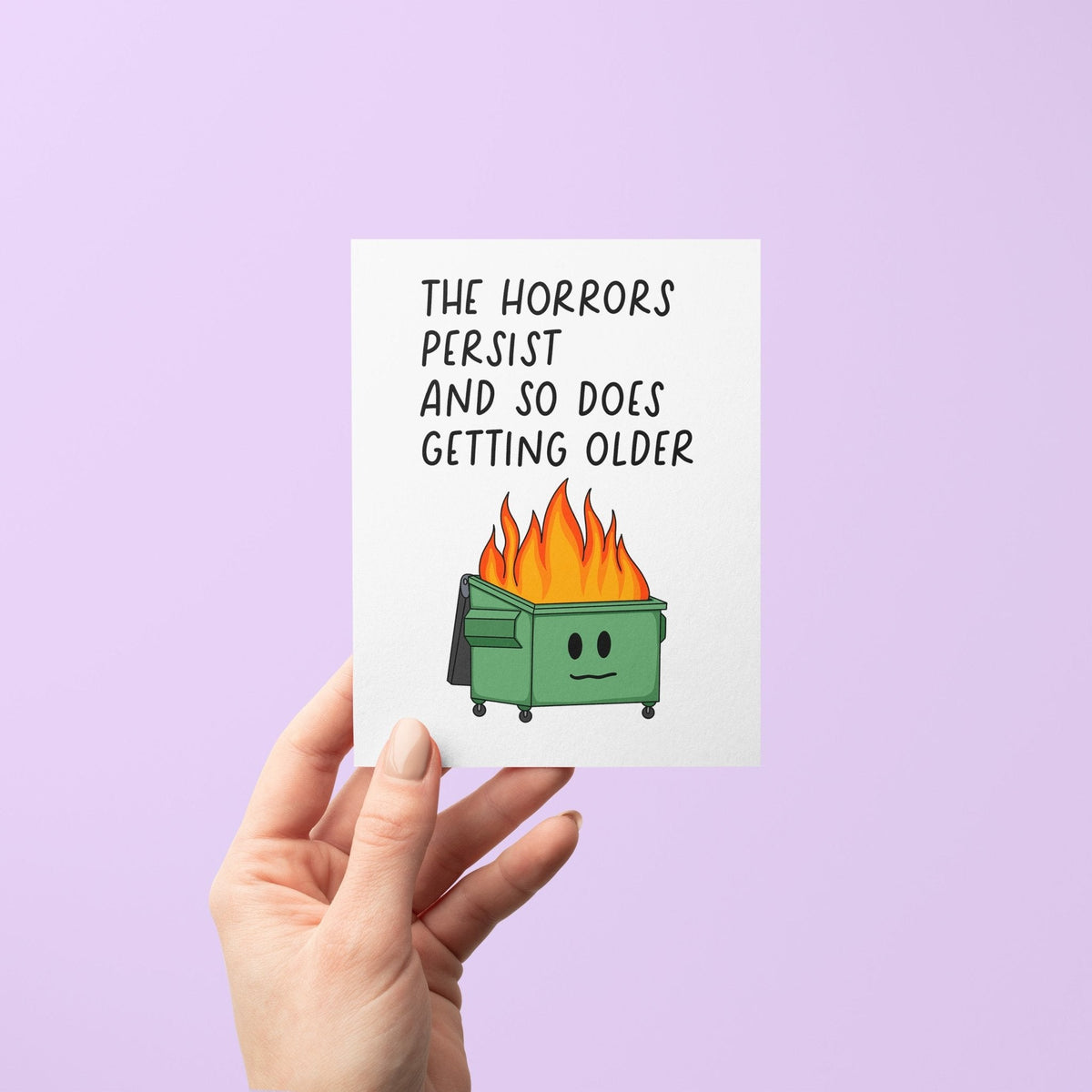 Horrors Persist birthday card with A2 kraft envelope — dark humor birthday card ready to send by indie artist MangoIllustrated