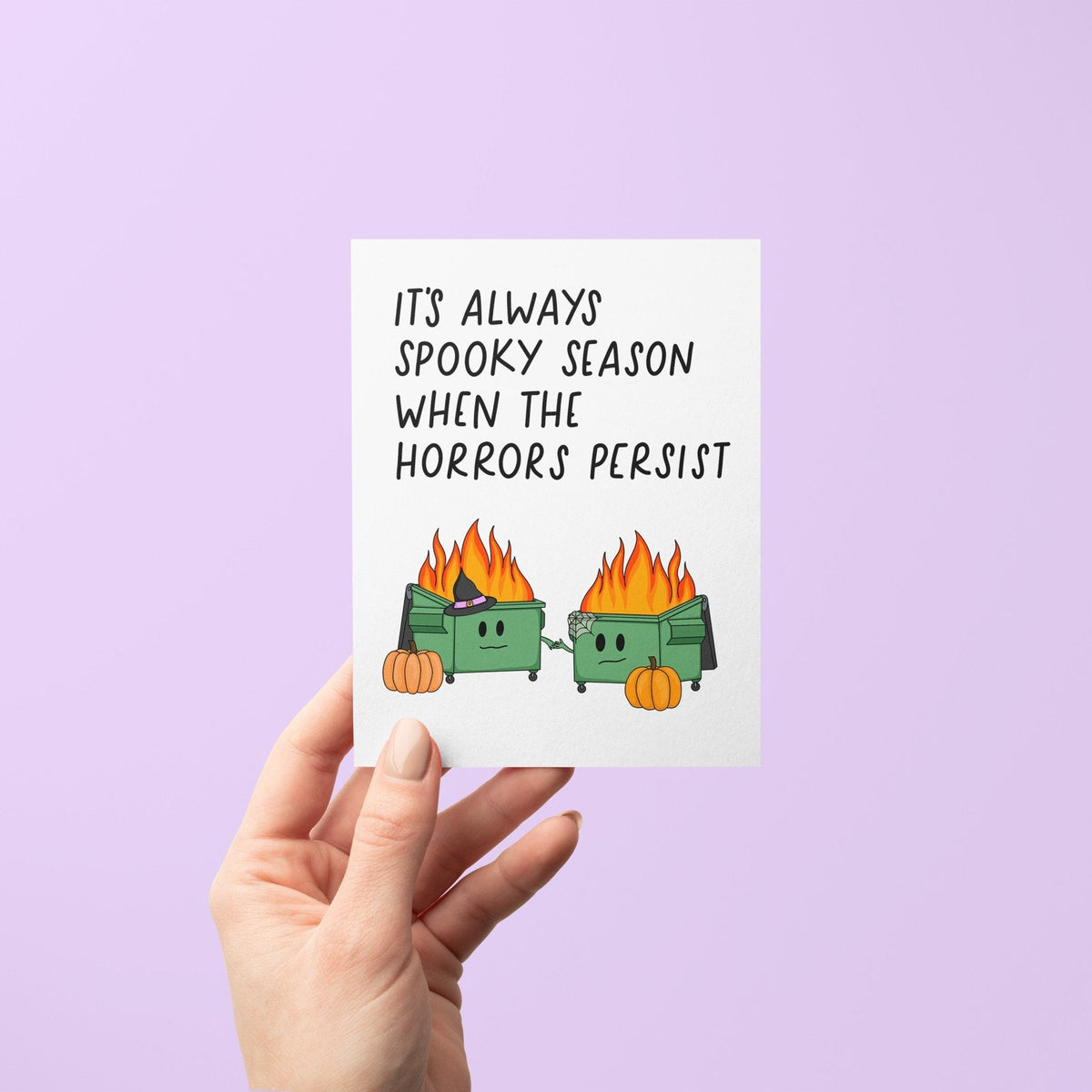 Horrors Persist Halloween card detail — close up of the Halloween dumpster fire illustration by indie artist MangoIllustrated