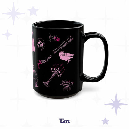 15 oz pastel goth mug showing a stretching black cat, a crow, a skeletal hand with a teacup, and a lit candelabra