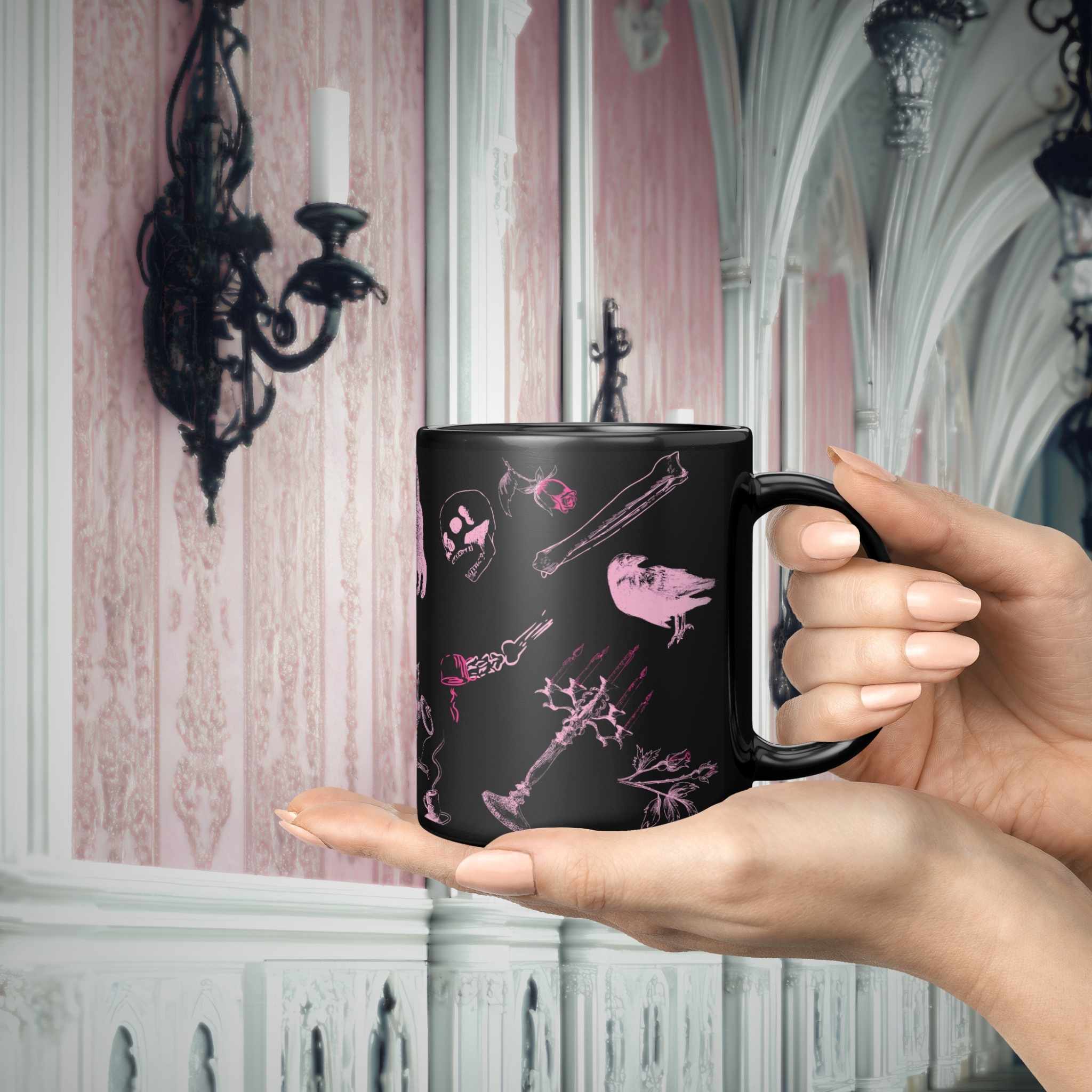 Hands holding a hot pink skull mug in a pink striped gothic hall with black iron candle sconces