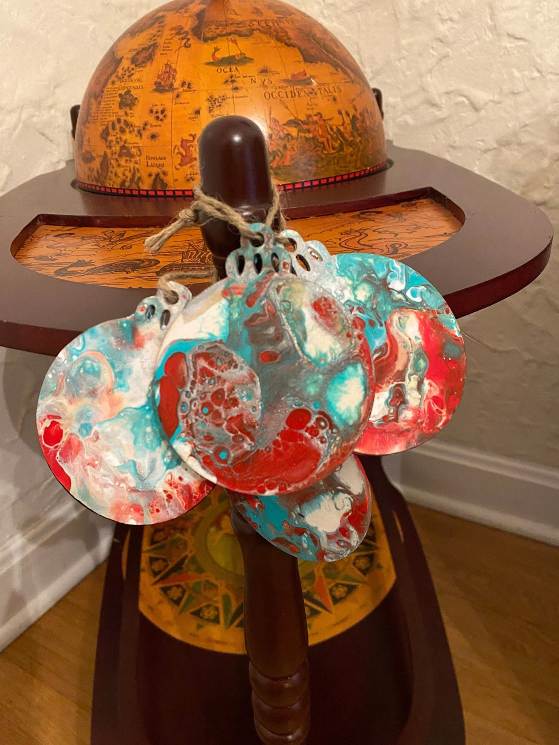 Green, Red and White Pour Painted Wooden Ornaments