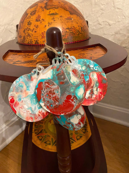 Green, Red and White Pour Painted Wooden Ornaments