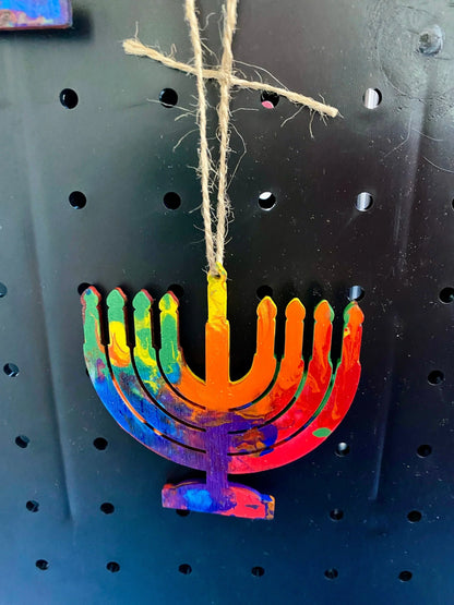 Rainbow Wooden Menorah decorations for Hannukah
