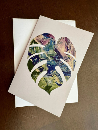 Purple, Green &amp; Blue Monstera Greeting Card - 4"x6" - 100% PCW