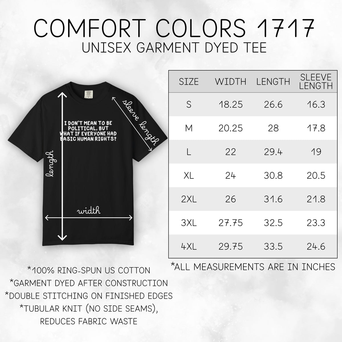 human-rights-unisex-tshirt-political-activist-graphic-tee-comfort-colors-size-chart