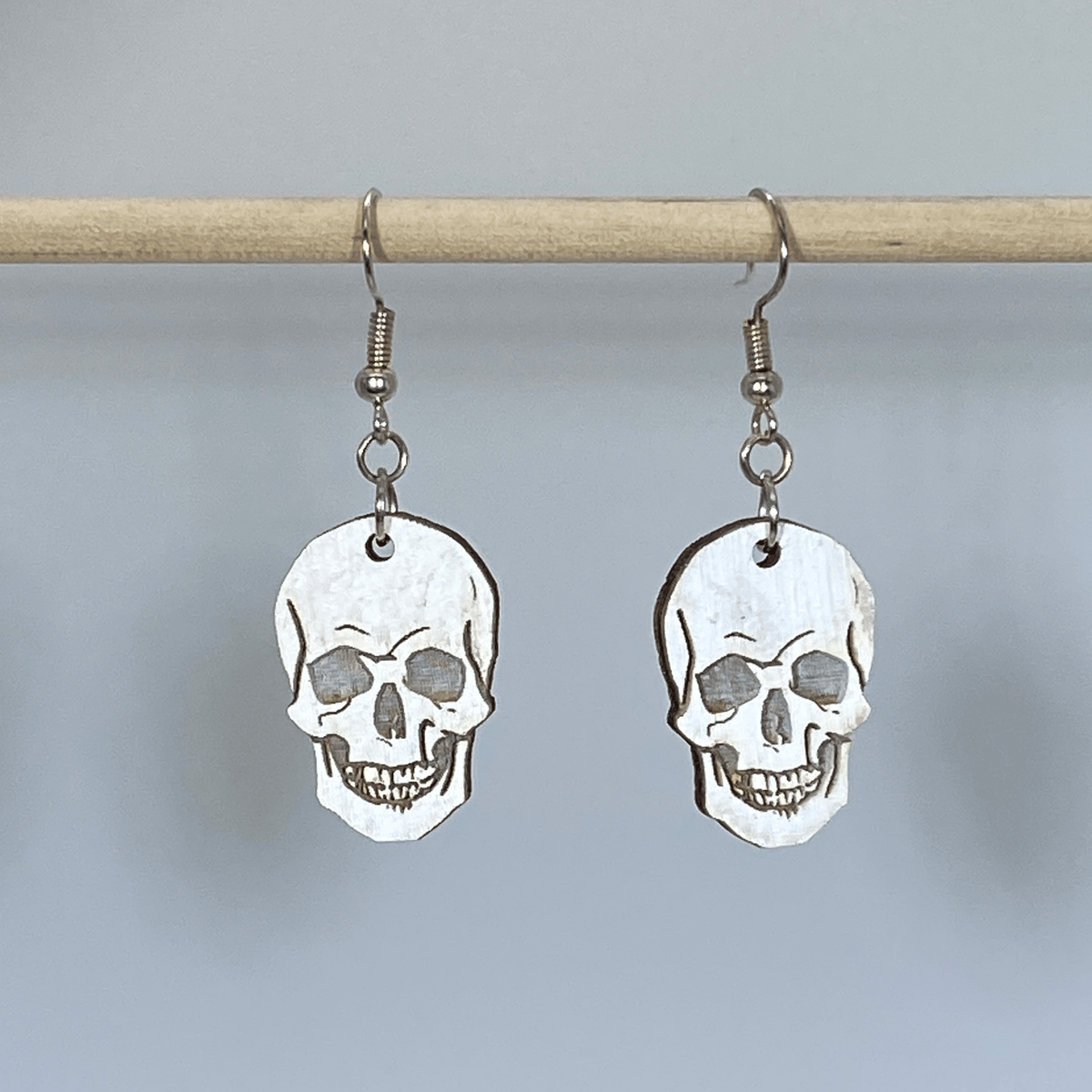 Human Skull Wooden Dangle Earrings - - Cate&