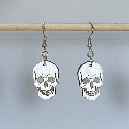 Human Skull Wooden Dangle Earrings - - Cate&