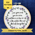 PDF pattern created by Kate, not AI. "I am yours and you are mine, and there is no law or rule in this world or the next that will change that." Quote hand embroidered in strong handwriting font in black embroidery floss. Surrounding the text is a wreath of dark green stems and leaves with lavender, violet, and deep purple flower petals, roses, and rose buds. Sewn on white cotton. Framed as wall art in a light wood embroidery hoop.