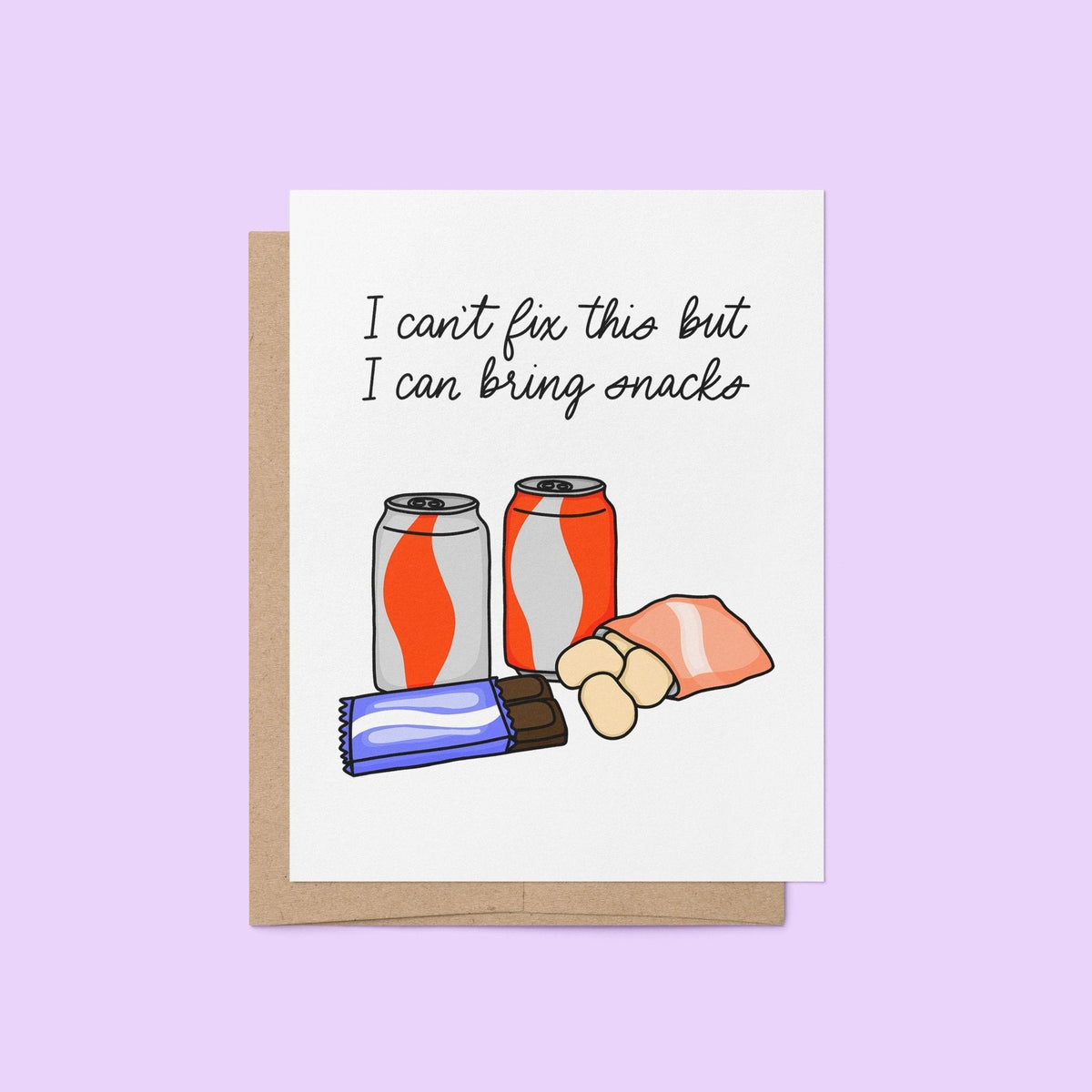I Can Bring Snacks Sympathy Card — sympathy card illustrated with sodas, chips and a candy bar, 4.25 x 5.5 in folded A2, by MangoIllustrated