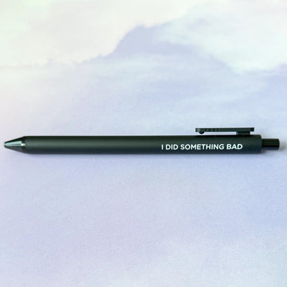 I Did Something Bad jotter gel pen flat lay — black barrel reputation era desk pen by indie artist MangoIllustrated
