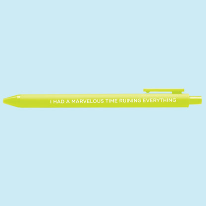 I had a marvelous time ruining everything jotter gel pen detail — close up of the embossed lettering on the citron barrel by MangoIllustrated