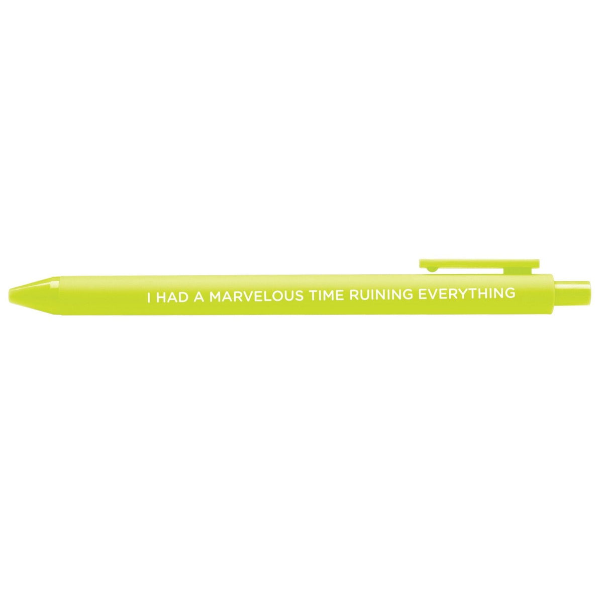 I had a marvelous time ruining everything jotter gel pen — I Had a Marvelous Time Ruining Everything embossed on a citron barrel, 0.5mm fine point, by MangoIllustrated