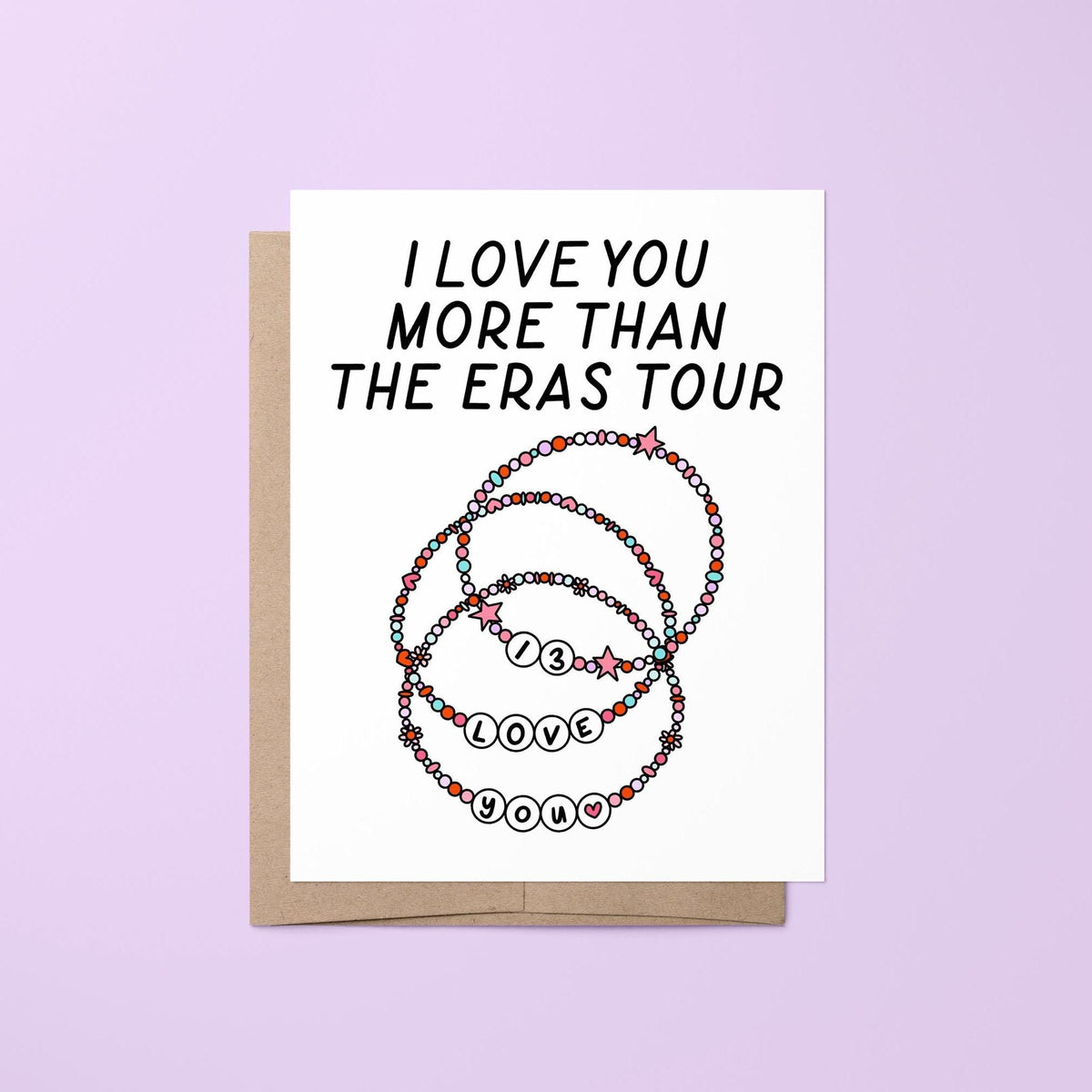 I love you Eras Tour card — hand lettered love greeting with three illustrated friendship bracelets, folded 4.25 x 5.5 in A2, by MangoIllustrated