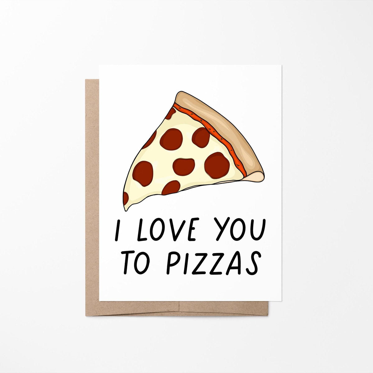 I love you to pizzas card with A2 kraft envelope — pizza love card blank inside by indie artist MangoIllustrated