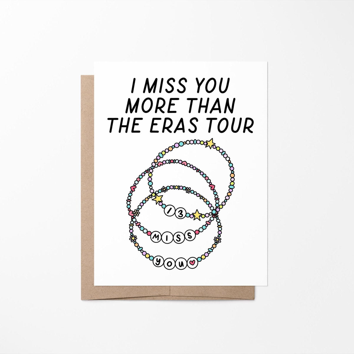 I miss you Eras Tour card with A2 kraft envelope — friendship bracelet miss you card blank inside by indie artist MangoIllustrated