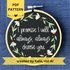PDF pattern created by Kate, not AI. "I promise I will always, always choose you."  Quote hand embroidered in handwriting font in the palest blush pink. Surrounding the text is a floral wreath of white daisies with orange centers. Sewn on black cotton. Framed in a light wood embroidery hoop as wall art.