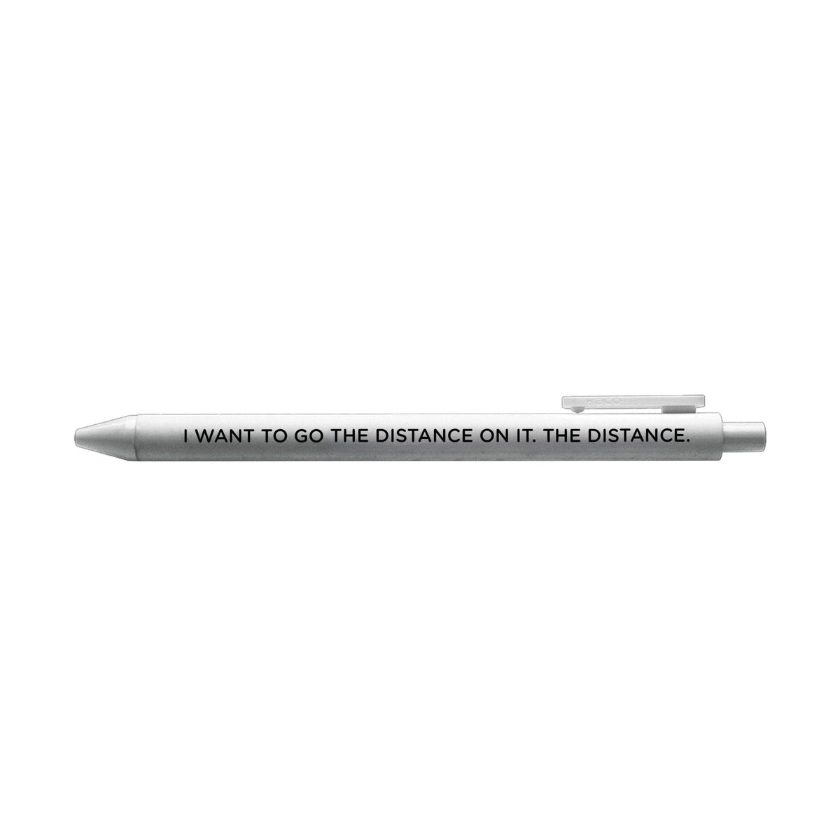 I want to go the distance on it the distance pen — silver barrel gel pen printed with the phrase, 0.5mm fine point, by MangoIllustrated