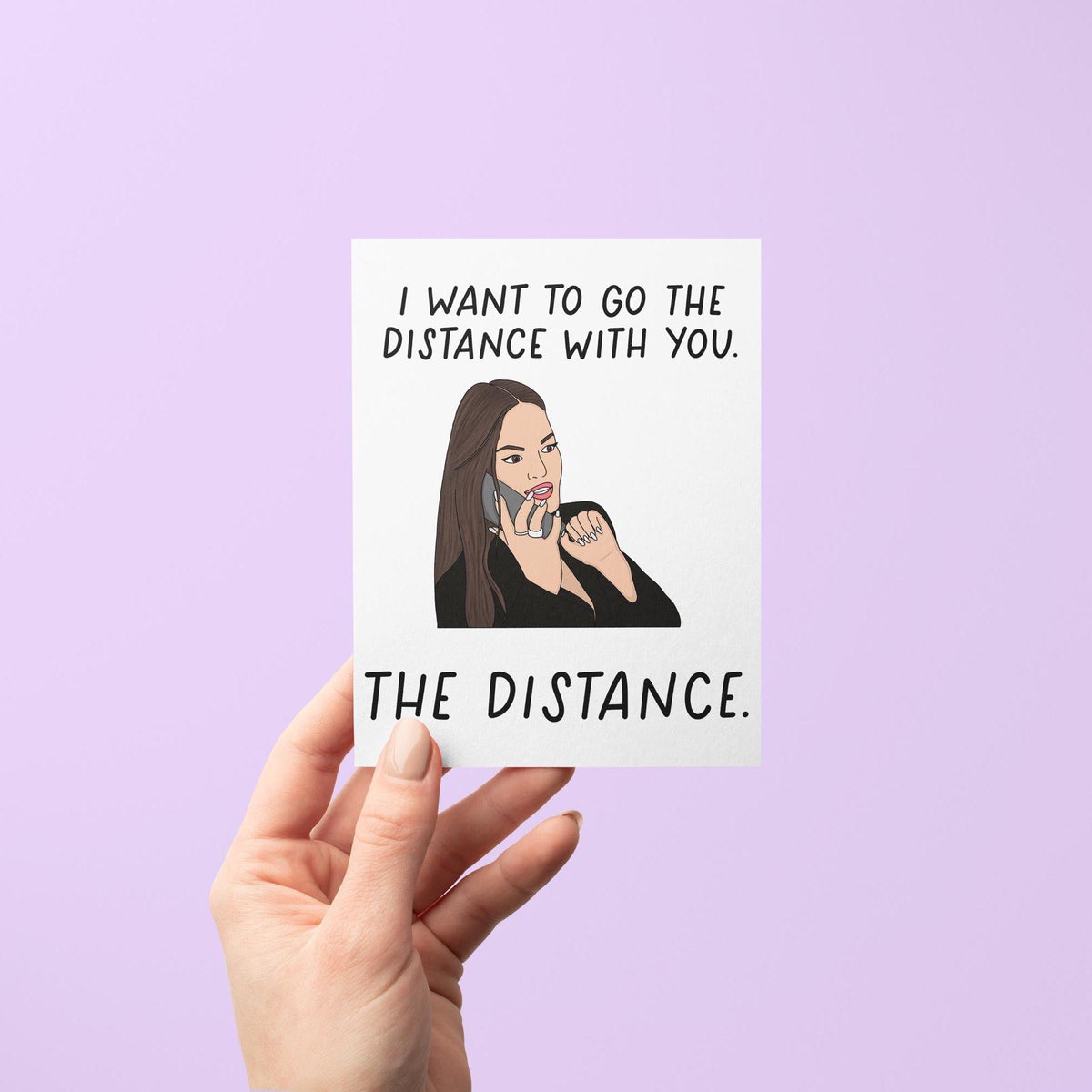I want to go the distance with you card detail — hand lettering and housewife illustration close up, by indie artist MangoIllustrated