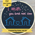 PDF Pattern created by Kate, not AI. Two line drawing houses connected with a heart, hand stitched in blue thread. The sky has white and gold stars. Pink text reads, "I wish you lived next door." Fabric is black cotton. Finished Christmas ornament is framed in a light wooden embroidery hoop. 