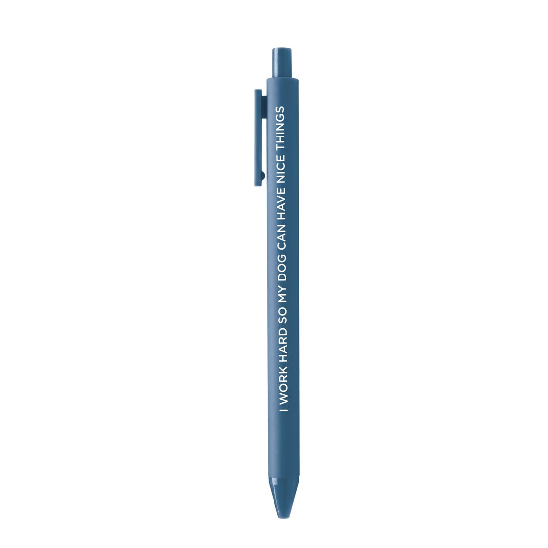 I Work Hard So My Dog Can Have Nice Things pen flat lay — funny navy dog mom gel pen with black ink by indie artist MangoIllustrated