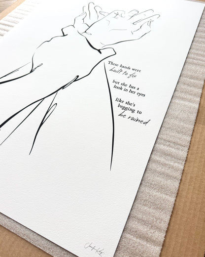 Black and white line art illustration "I Got You," of two hands clasped together. The text reads "These hands were built to fix but she has a look in her eyes like she&