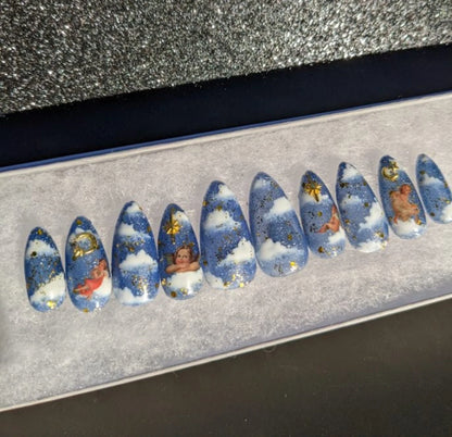 Heaven Sent - Color Changing Blue to White Angel Cupid False Press-On Nail Extensions 10pcs
