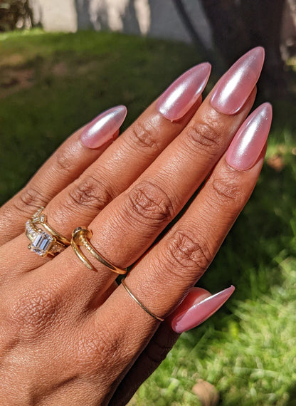 Strawberry Glazed Donut Nails - Pink Pearl Chrome False Press-On Nail Extensions 10pcs