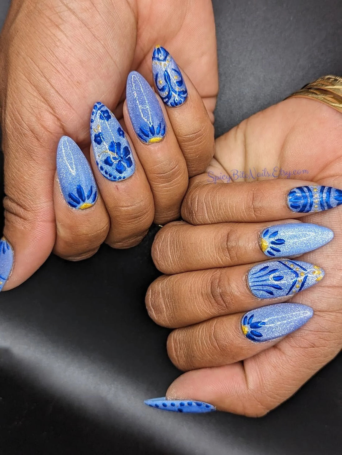 Talavera - Blue Cat Eye and Blue Chrome Mexican Tile Inspired Press-On Nail Extensions 10pcs