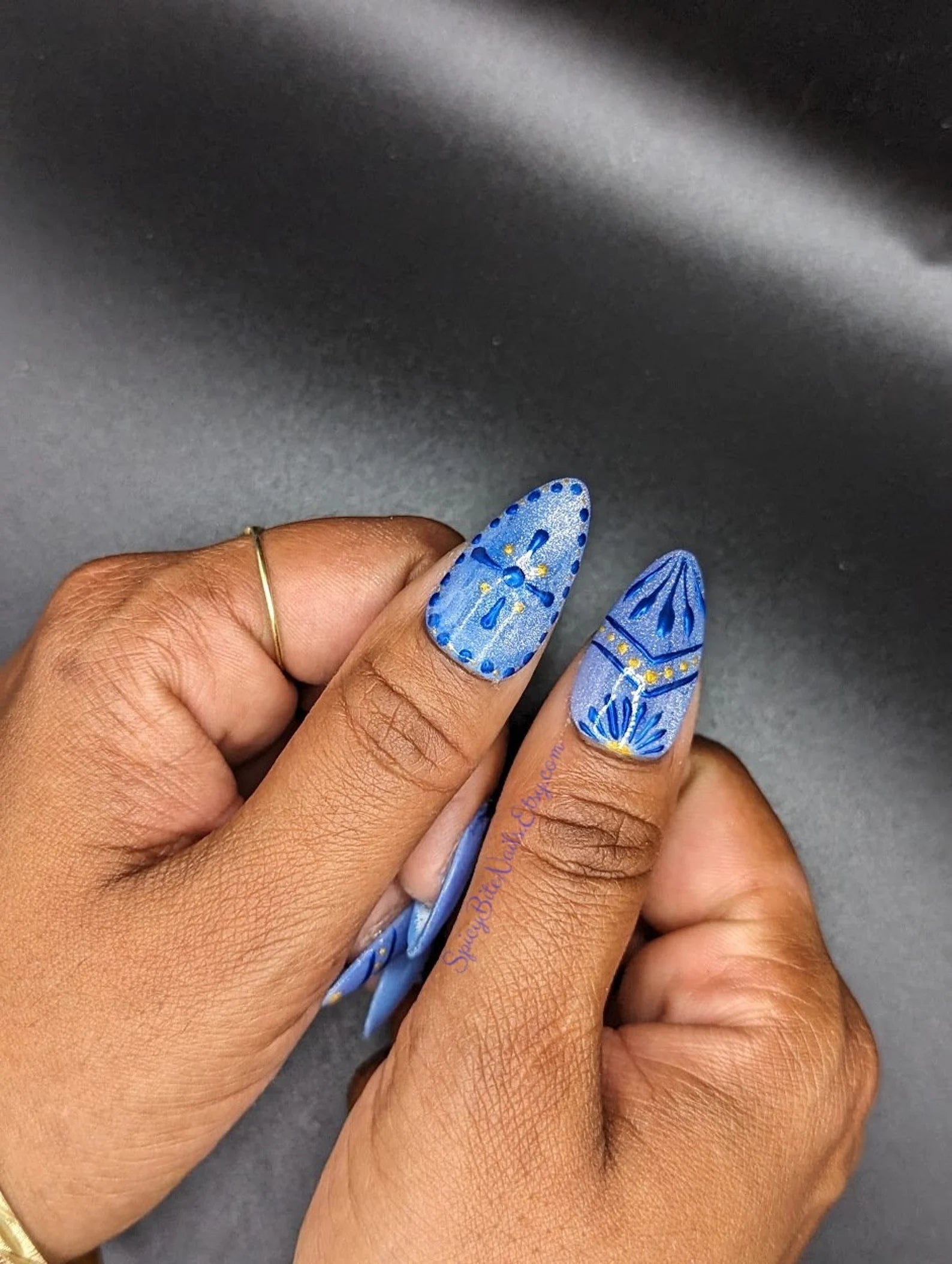 Talavera - Blue Cat Eye and Blue Chrome Mexican Tile Inspired Press-On Nail Extensions 10pcs